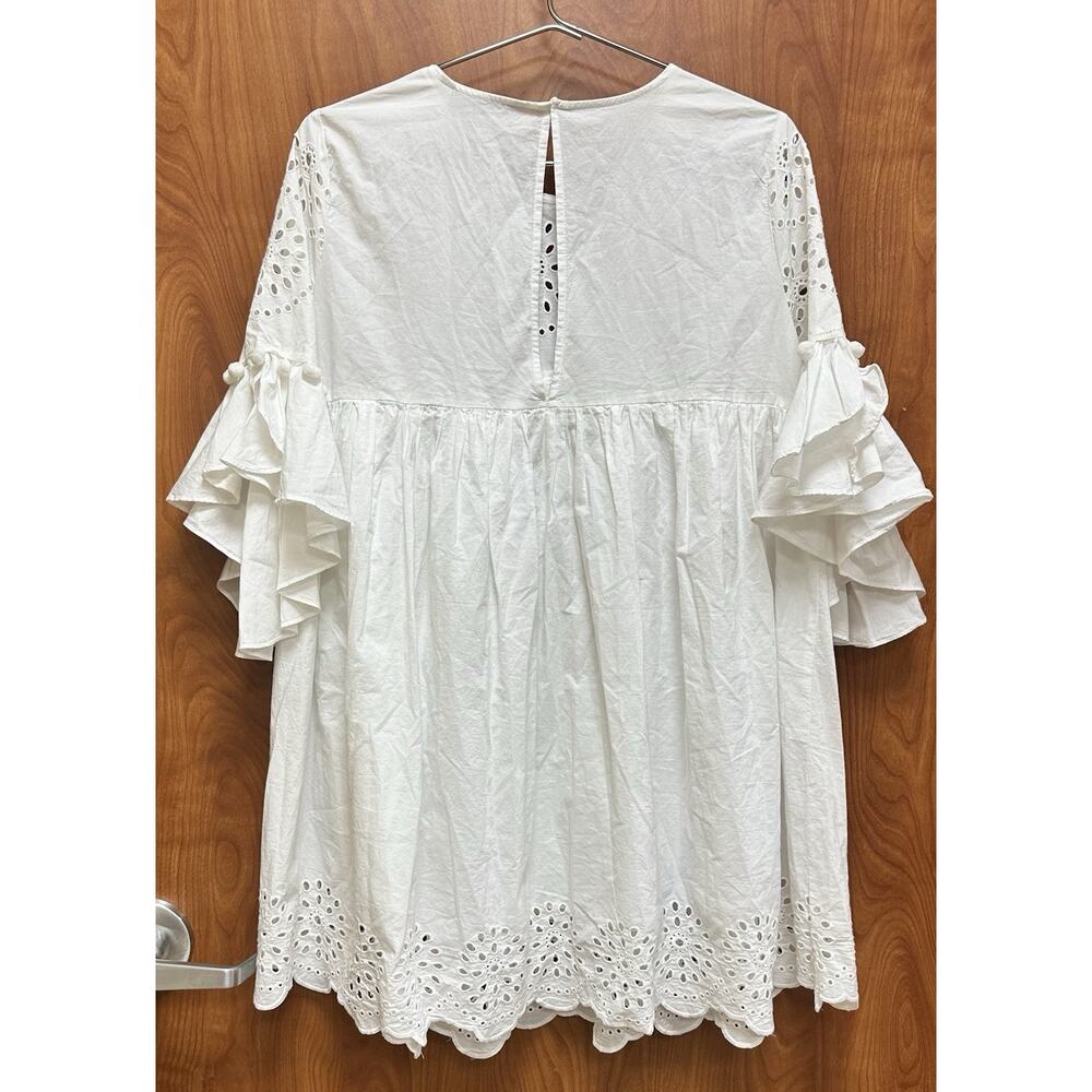 ZARA White Eyelet Babydoll Concert Festival Boho Ruffle Pom Mini Dress SZ L NWT - Picture 6 of 10